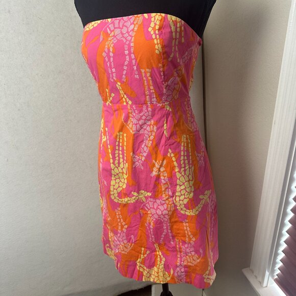 Lilly Pulitzer Dress Womens 4 Giraffe Print Pink Yellow Orange mini strapless - Picture 5 of 8
